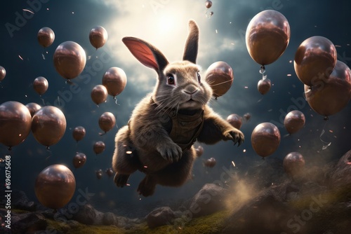 Happy Easter greeting banner or card with fun bunny, jumping up above pile of many colored Easter eggs. Beautiful clouds on background. Trendy conceptual Easter greeting card with warm wishes photo