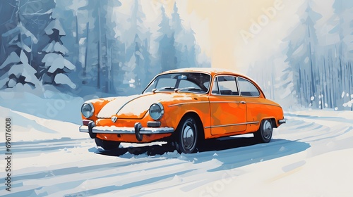 Side view of an orange car with a winter tires on a snowy road 