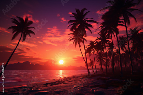 Generative AI Image of Beach Nature Landscape with Palm Trees at Sunset