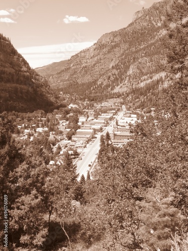 Sepia Colored View of Ouray Colorado from Overlook at Red Mountain Pass  photo