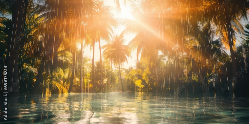 Amidst the palm trees with sunlights shimmering and creating a defocused blur effect