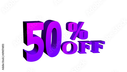 50% off isolated on white background. 50 percent off promotion. 3d 50 percent off discount. Off 50 percent. Sales concept. 3d illustration.