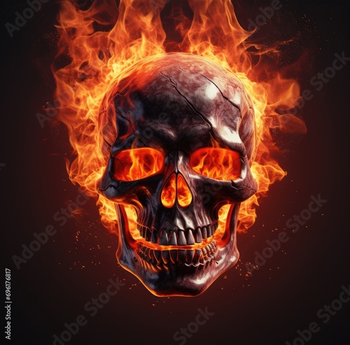 Demonic Symphony: Skull Fire Wallpapers in Digitally Enhanced Dark Art on a Black Background, Conjuring Sinister Flames and Mysterious Shadows.