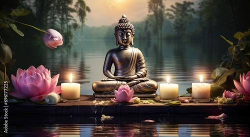 Buddha s Tranquil Haven  Meditation by Water with Candles.  the peaceful haven created by the combination of the Buddha s presence  the water element  and the soft glow of candles.
