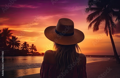 female in palm hat during sunset at beach © hisilly