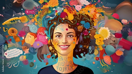 An illustration of a person surrounded by colorful images and words representing positive thoughts and affirmations, highlighting the power of positive thinking in boosting happiness. photo