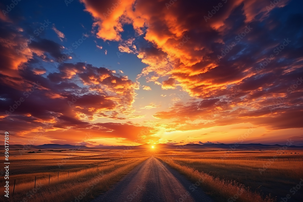 Generative AI Image of Road in the Meadow with Golden Sky at Sunrise