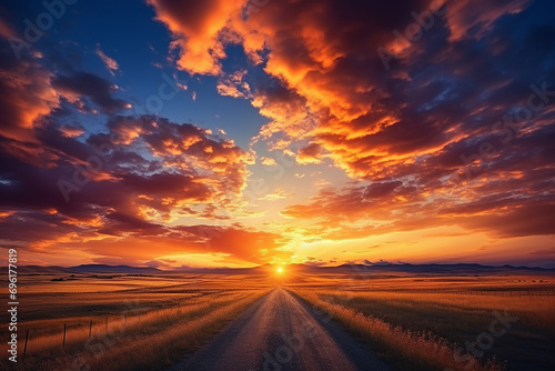 Generative AI Image of Road in the Meadow with Golden Sky at Sunrise photo