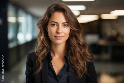 Approachable Young Executive in Office. Young female executive with a subtle smile, dressed in a navy blue suit in an office environment.