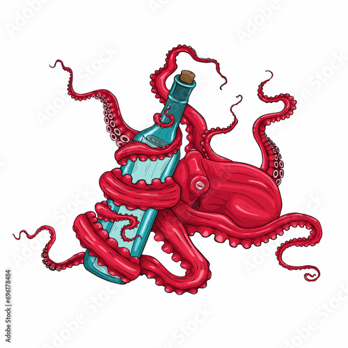 Octopus wrapped around a bottle with a note