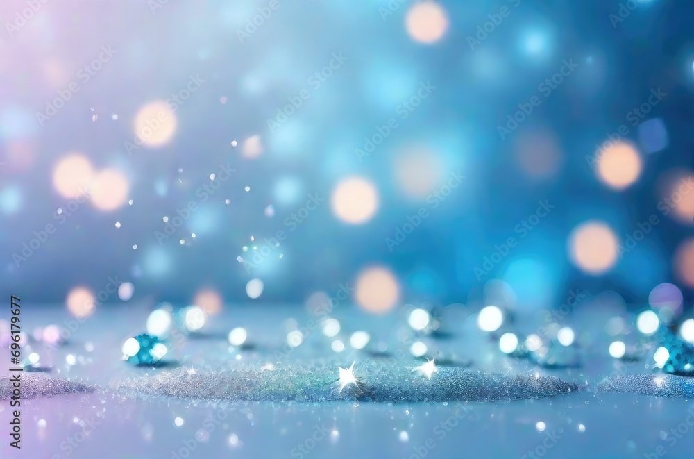Fototapeta premium Pastel blue background with sparkle, lights and stars. Bokeh effect. Copy space. Christmas winter abstract blurred background. Ai generative.