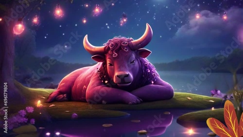 breathing animation, Animal Fantasy Mhytology lullaby cartoon sleeping on forest and lake, looped video background photo