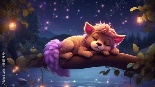 breathing animation, grivin Fantasy Mhytology lullaby cartoon sleeping on forest and lake, looped video background