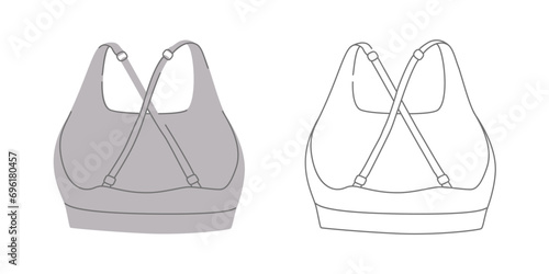 Sports woman grey bra vector illustration in two variations. Crop top fashion flat design isolated on a white background. View from the back. For sports product design, stickers and templates