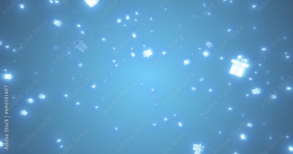 Christmas festive bright New Year background from gift boxes glowing winter beautiful falling flying pattern on blue background