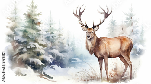 Watercolor Deer Hand Painted Winter Scene Illustration. Generative AI