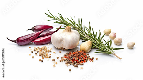 garlic with rosemary and peppercorn isolated on white background. Top view. Generative AI photo