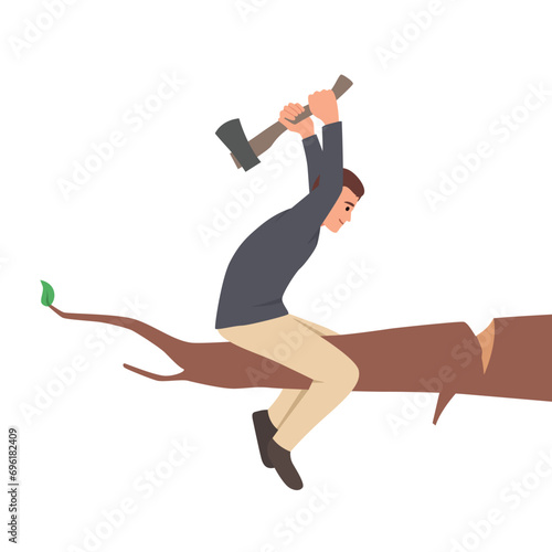 Young businessman cutting the branch on which he sits using axe. Flat vector illustration isolated on white background