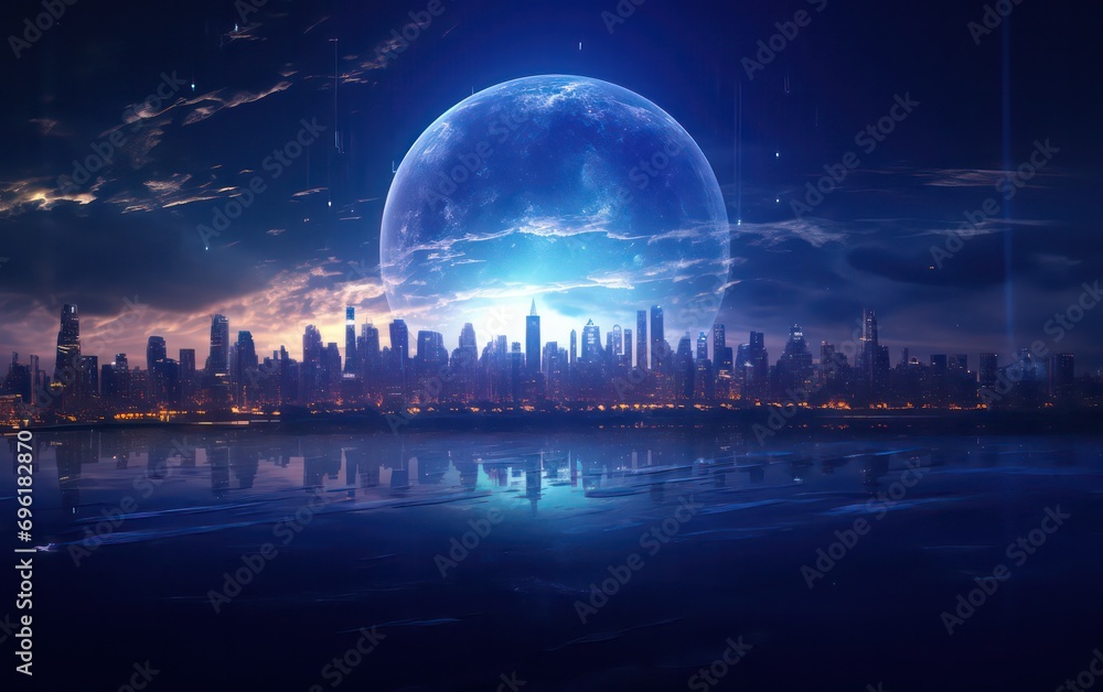 Fototapeta premium Unique sunrise in space with a blue Earth adorned by city lights, showcasing elements.