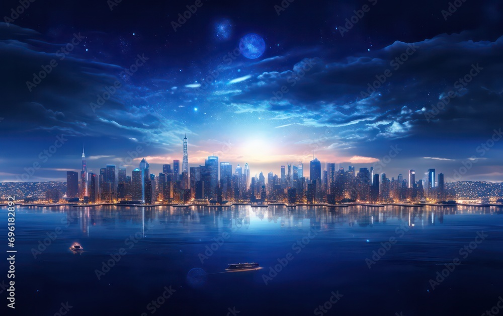 Unique sunrise in space with a blue Earth adorned by city lights, showcasing elements.