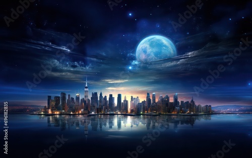 Unique sunrise in space with a blue Earth adorned by city lights, showcasing elements. © Nattadesh