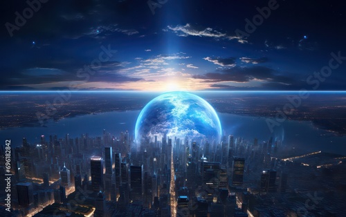 Unique sunrise in space with a blue Earth adorned by city lights, showcasing elements.
