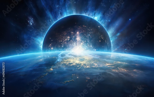 Unique sunrise in space with a blue Earth adorned by city lights  showcasing elements.