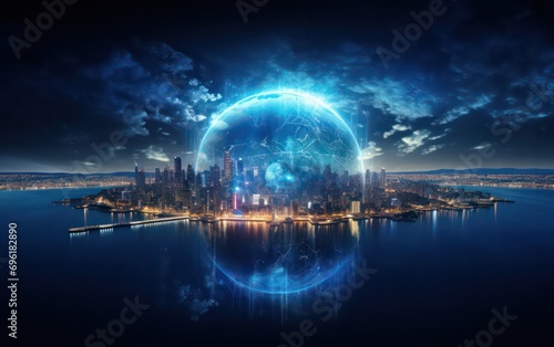 Unique sunrise in space with a blue Earth adorned by city lights, showcasing elements.