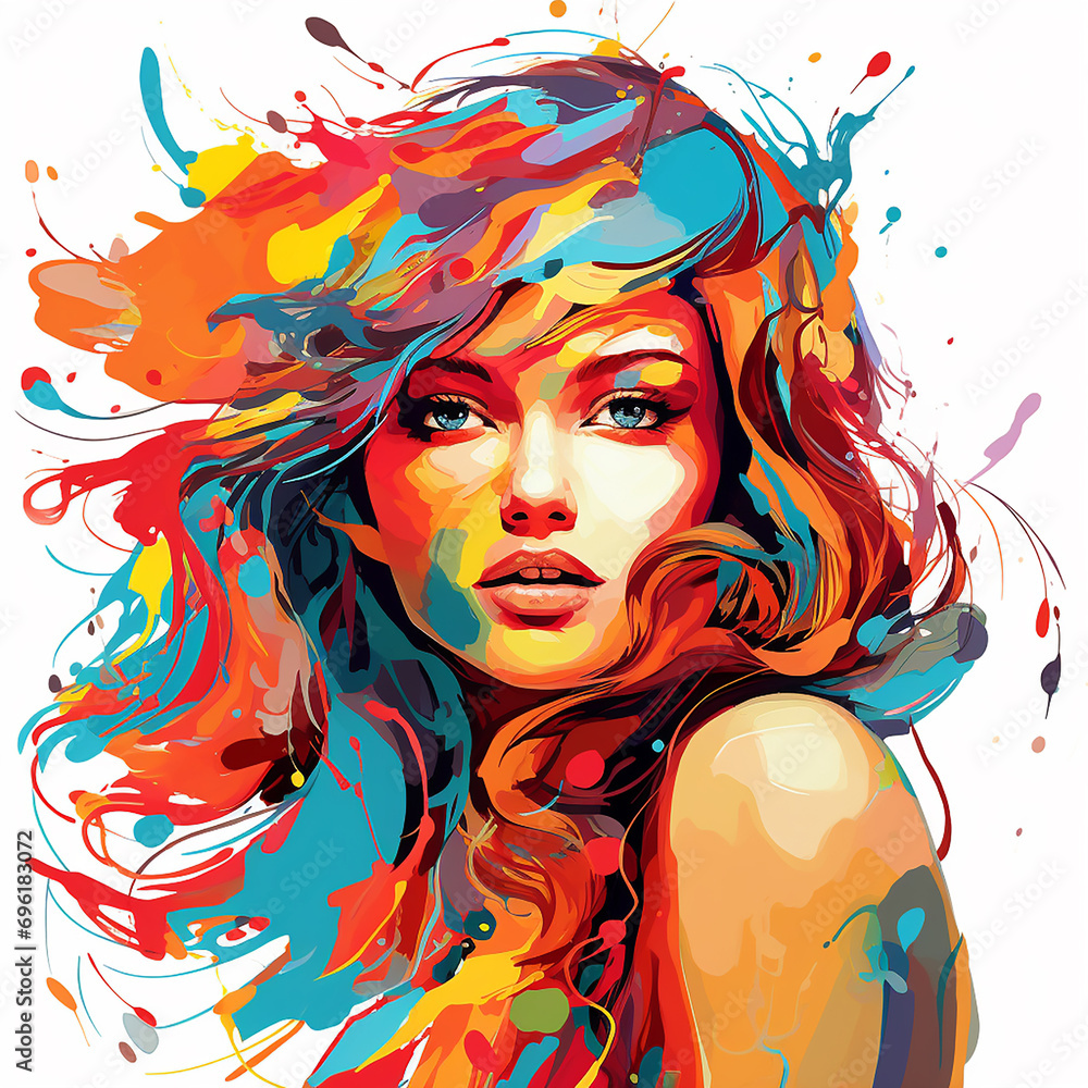 Naklejka premium Abstract Girl from Multicolored Paints and Colored Drawings