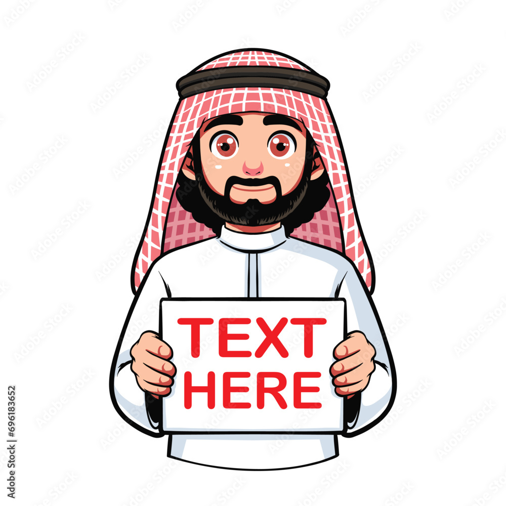 man holding a sign. arabic man holding a sheet of white paper. Copy space. Your text here, template. Flat editable vector illustration, clip art
