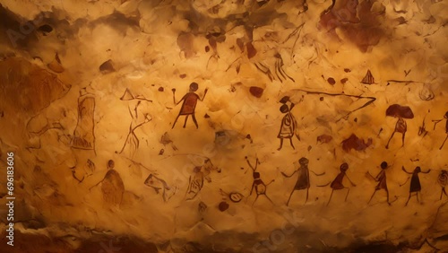 Zoomedin of ancient cave paintings depicting early forms of symbolic communication, illustrating the gradual evolution of language from visual to oral. photo
