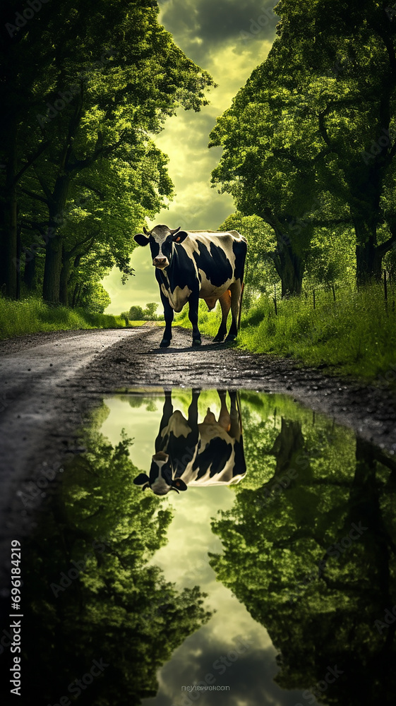 Country Grazing: Cow Amidst Green Trees on a Country Road Country Grazing: Cow Amidst Green Trees on a Country Road