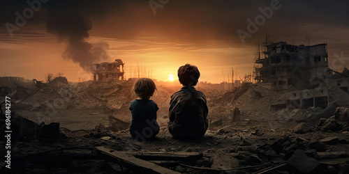 Kids sitting in front of city burned destruction of an aftermath war conflict, earthquake or fire and smoke of political world war against children innocence concept