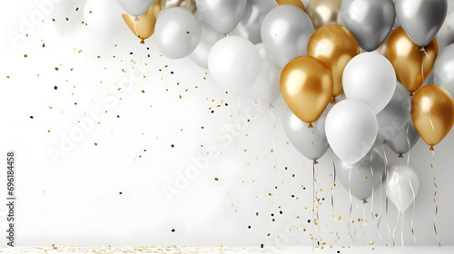 Happy birthday. Air balloons, Foil balloons, Birthday balloons, glitter confetti elements. Birthday card. gold, silver