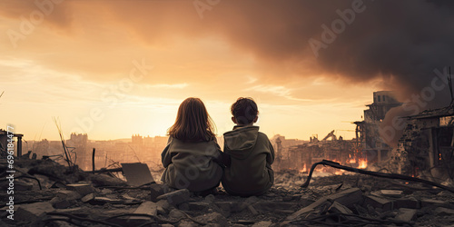 Kids sitting in front of city burned destruction of an aftermath war conflict, earthquake or fire and smoke of political world war against children innocence concept photo