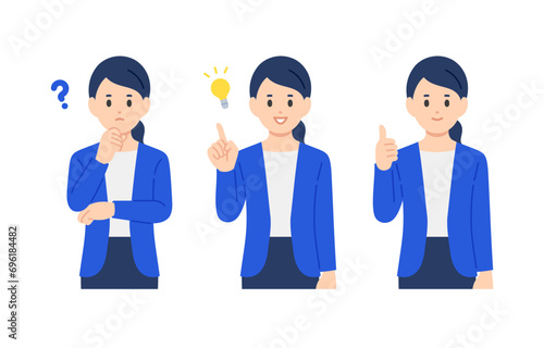 疑問･ひらめく･グッドのポーズをするビジネスパーソン女性のセット【人物ベクターイラスト素材】