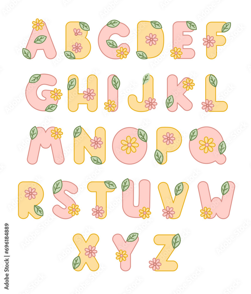 Kawaii bubble font with Flower and Leaf. Cute cartoon alphabet. For birthday, baby shower, greeting cards, party invitation, kids design. 