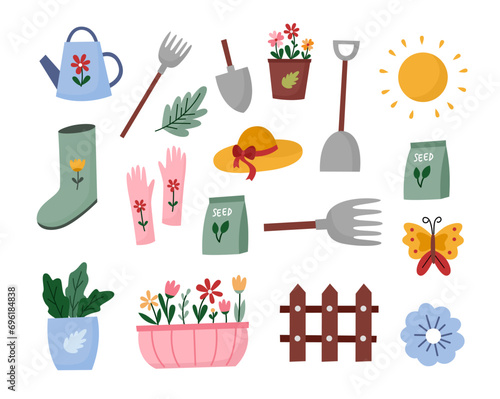 Set of garden tools and gardening items. Garden tools. Flat design illustration of items for gardening. Collection of garden tools and plants. Gardening or horticulture concept.