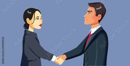 Entrepreneurs Shaking Hands Closing a Business Deal Vector Illustration. Cheerful business partners agreeing on a formal contract 

