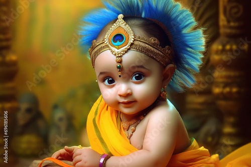 Cute little girl in lord krishna costume photo