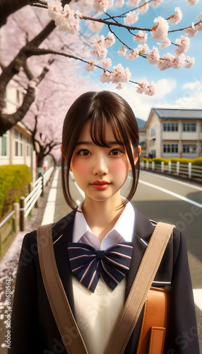 a Japanese schoolgirl. The background features a school and cherry blossom (sakura) trees, captured with the depth of field and perspective typical of a 50mm lens