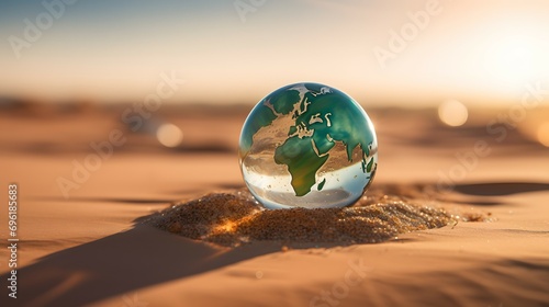 Crystal Globe on Sandy Beach with Sunlight Reflection