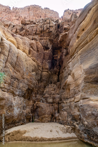 Bizarre mountain bends at the beginning of the Mujib River Canyon hiking trail in Wadi Al Mujib in Jordan