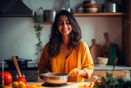 beautiful Indian woman or housewife cooking in the kitchen photo