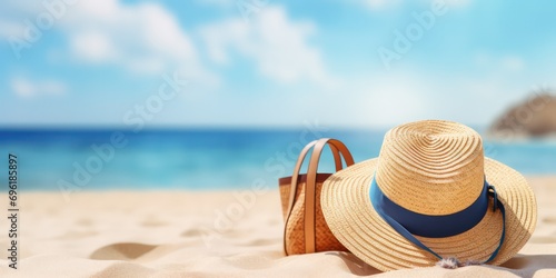 A straw hat  and sunglasses resting on a tropical beach  ready for a day of relaxation Golden sand meets the tranquil blue sea  creating a summer beach backdrop with sunlights shimmering.