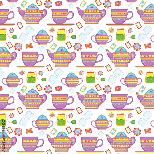 Spring floral summer afternoon tea time illustration seamless pattern. Seamless pattern with hand drawn tea and coffee cups and pots for scrapbooking, wrapping paper, textile prints, wallpaper, 