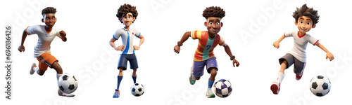 Set of 3D cartoon character young man playing soccer ball in action sport athletes player, Full body isolated on white and transparent background 
