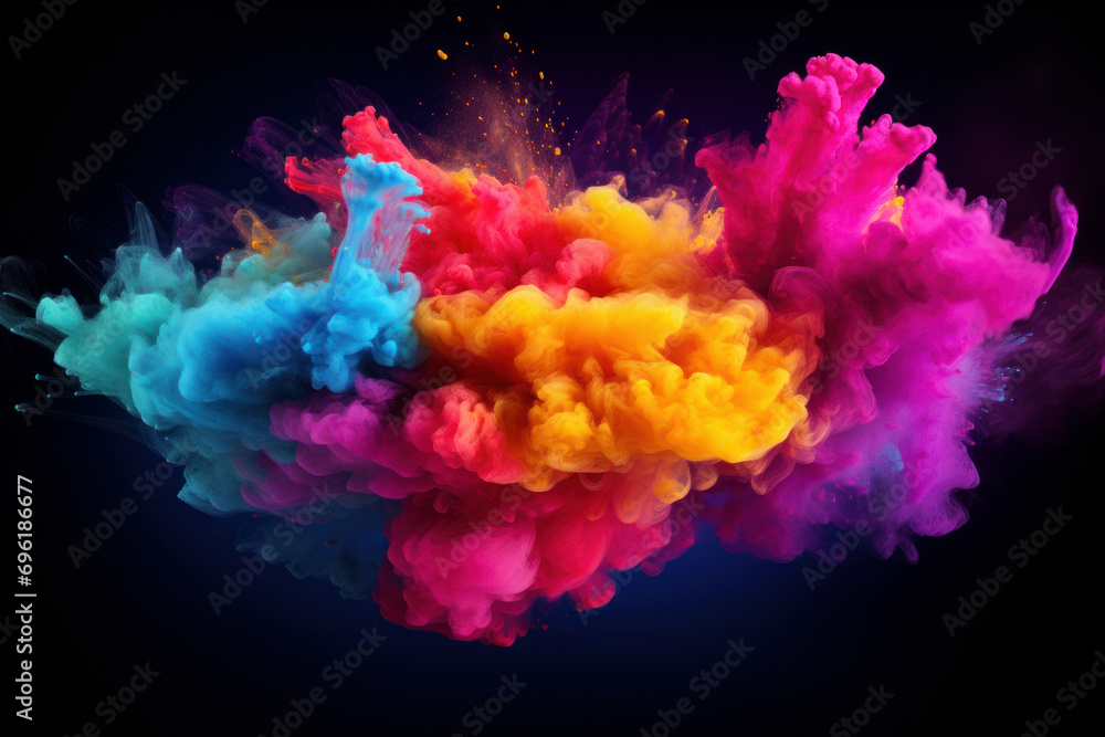 Abstract burst of colored powder on black backdrop. The dynamic explosion is AI Generative.