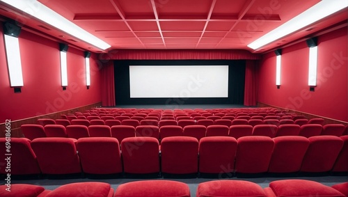 Empty cinema with red seats, space for mockup. AI Generative.