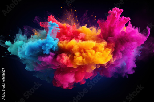 Abstract burst of colored powder on black backdrop. The dynamic explosion is AI Generative.